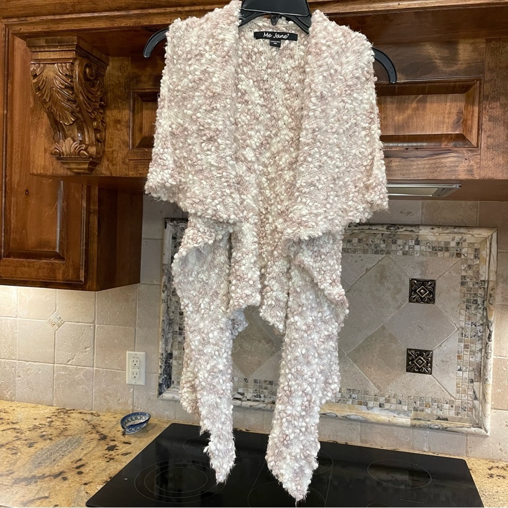 Free! Popcorn knit open cascade front sleeveless cardigan sweater